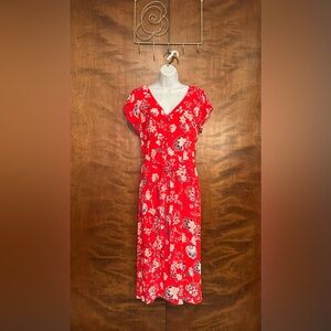 Talbots Short Sleeve Midi Shirtdress Womens 12 Red & Blue Floral A-Line Belted